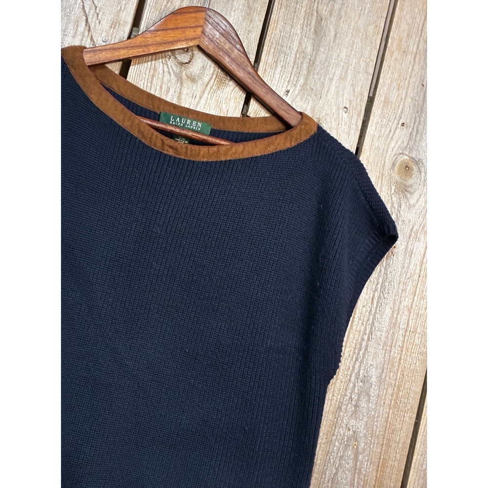 Lauren Ralph Lauren Navy Blue Wool Blend Knit Vest Faux Suede Trim Top Medium